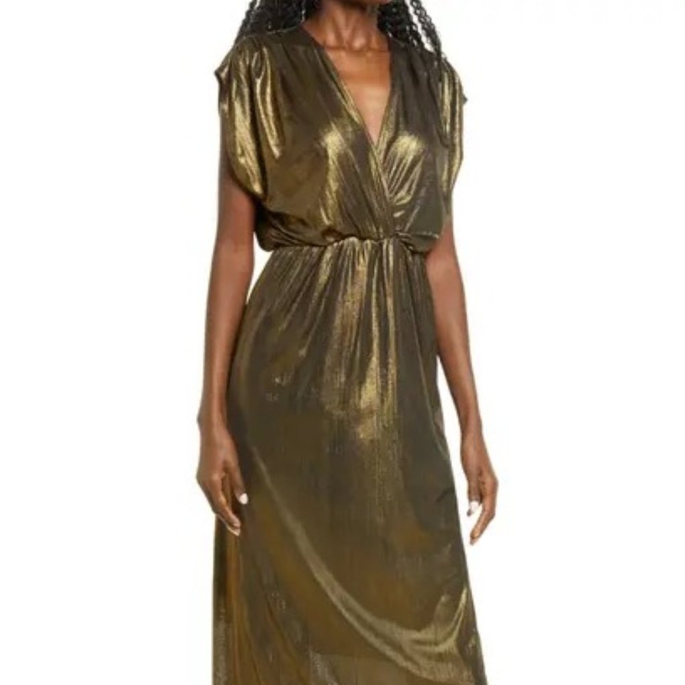 Gold Metallic Maxi Dress with V-Neck